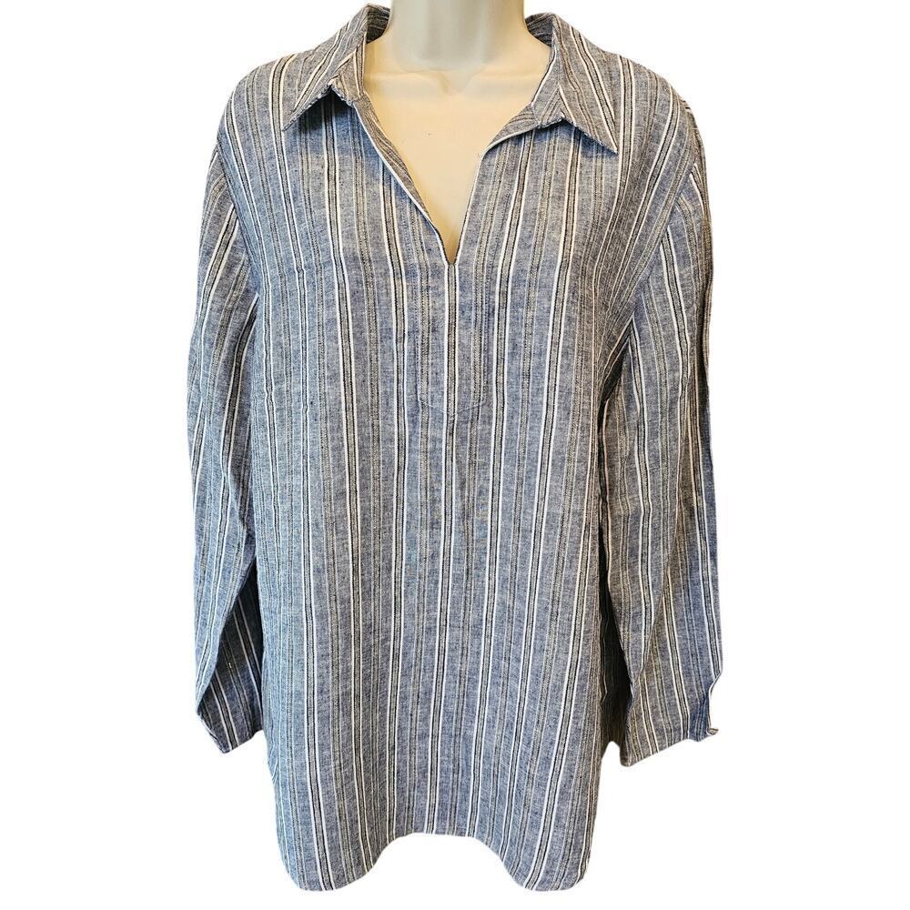 Chicos 2 (L) NWOT chambray linen blend metallic striped slit neck blouse casual
